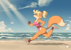 Rule 34 | 1girl, absurdres, animal ears, animal nose, artist name, bare shoulders, beach, blonde hair, blue sky, body fur, breasts, brown fur, clenched hands, cloud, cross-laced footwear, day, deviantart username, female focus, fox-pop vli, fox ears, fox girl, fox tail, from side, full body, furaffinity username, furry, furry female, green eyes, hair tie, hand up, highleg, highleg swimsuit, highres, horizon, leg up, legs, light rays, medium breasts, multicolored fur, ocean, one-piece swimsuit, open mouth, orange fur, original, outdoors, pink one-piece swimsuit, ponytail, profile, retro artstyle, running, sand, shoes, short hair, sky, sneakers, snout, solo, sunlight, swimsuit, tail, twitter username, water, watermark, white footwear, white fur