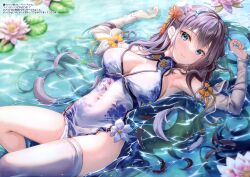 Rule 34 | absurdres, aqua eyes, blurry, blush, breasts, china dress, chinese clothes, cleavage, closed mouth, covered navel, depth of field, dress, floral print, flower, fujima takuya, gauntlets, hair bun, hair ornament, highres, large breasts, lily, lily pad, long hair, looking at viewer, lying, non-web source, partially submerged, print dress, purple dress, purple eyes, sideboob, single thighhigh, smile, thighhighs, thighs, wet, white thighhighs