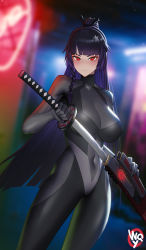 Rule 34 | 1girl, black bodysuit, black gloves, black hair, blunt bangs, blurry, blurry background, bodysuit, braid, breasts, closed mouth, copyright request, covered navel, depth of field, gloves, hair ornament, high ponytail, highres, holding, holding sword, holding weapon, impossible bodysuit, impossible clothes, katana, large breasts, long hair, looking at viewer, mole, mole under eye, neon lights, night, red eyes, sheath, side braid, signature, skin tight, solo, star (symbol), star hair ornament, straight hair, sword, unsheathing, very long hair, w.q.y, weapon