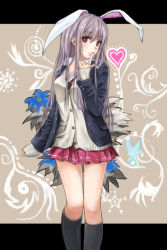 Rule 34 | 1girl, adapted costume, animal ears, black socks, breasts, casual, cowboy shot, eyelashes, finger to mouth, kneehighs, knees together feet apart, legs together, letterboxed, long hair, long sleeves, looking at viewer, microskirt, pleated skirt, purple hair, rabbit ears, red eyes, reisen udongein inaba, skirt, smile, socks, solo, touhou, very long hair, wy-nn
