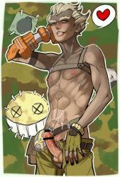 Rule 34 | 1boy, bar censor, blonde hair, blush, censored, erection, eyebrows, harness, junkrat (overwatch), looking at viewer, male focus, mechanical arms, muscular, nail polish, overwatch, overwatch 1, penis, precum, single mechanical arm, solo, sweat, thick eyebrows, tongue, tongue out, yellow eyes