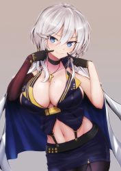 Rule 34 | 1girl, azur lane, black gloves, blue eyes, breasts, brown gloves, choker, cleavage, cross, cross earrings, cross necklace, earrings, elbow gloves, fingers to cheeks, garter straps, gloves, hair between eyes, jacket, jacket on shoulders, jewelry, large breasts, looking at viewer, mole, mole on breast, navel, necklace, pantyhose, pencil skirt, popped collar, short hair, silver hair, single elbow glove, skirt, solo, washington (azur lane), west 24, wristband