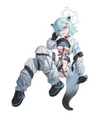Rule 34 | 1girl, absurdres, alternate costume, animal ears, aqua hair, blue archive, blue eyes, breasts, flippy (cripine111), halo, highres, jacket, long sleeves, looking at viewer, medium breasts, open mouth, pants, puffy long sleeves, puffy sleeves, shigure (blue archive), short hair, simple background, smile, solo, underboob, weasel ears, weasel girl, white background, white jacket, white pants