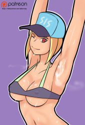 Rule 34 | 1girl, armpits, arms up, bikini, blonde hair, breasts, cleavage, covered erect nipples, hat, highres, looking at viewer, medium breasts, navel, one eye closed, original, patreon logo, patreon username, purple background, red eyes, saberrung, short hair, simple background, smile, sport girl (saberrung), steam, steaming body, stomach, stretching, sweat, swimsuit, underboob