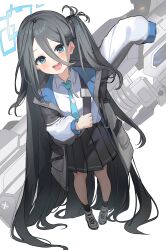 Rule 34 | 1girl, absurdly long hair, absurdres, aris (blue archive), black hair, blue archive, blue eyes, coat, collared shirt, elma07, foreshortening, from above, full body, hairband, highres, holding strap, long hair, long sleeves, necktie, one side up, open mouth, pleated shirt, shirt, shirt tucked in, shoes, sleeves past fingers, sleeves past wrists, smile, sneakers, socks, solo, very long hair