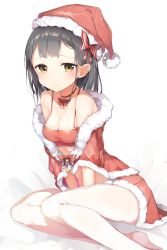 Rule 34 | 1girl, bare shoulders, between legs, black hair, bow, breasts, camisole, capelet, christmas, cleavage, collar, fur trim, hair bow, hand between legs, hat, highres, looking at viewer, medium breasts, niito, original, pantyhose, pleated skirt, red bow, santa costume, santa hat, sitting, skirt, solo, star (symbol), v arms, white background, white pantyhose, yellow eyes, yokozuwari