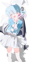 Rule 34 | 2girls, plana (blue archive), absurdres, aqua hair, arona (blue archive), blue archive, blush, bm tol, braid, closed eyes, double v, highres, long hair, long sleeves, looking at viewer, multicolored hair, multiple girls, open mouth, pink hair, pleated skirt, sailor collar, school uniform, serafuku, shadow, side braid, simple background, skirt, solo focus, standing, v, white background, white skirt