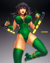 Rule 34 | 1girl, black hair, black orchid, blue eyes, boots, breasts, cleavage, covered navel, earrings, fingerless gloves, gloves, green gloves, green leotard, high heel boots, high heels, hoop earrings, hybridmink, jewelry, killer instinct, large breasts, leotard, long hair, open mouth, solo, thigh boots, thighhighs