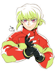 Rule 34 | 1boy, adjusting clothes, adjusting gloves, alternate hairstyle, anime coloring, bae (baebae), firefighter, firefighter jacket, gloves, green hair, hair up, highres, jacket, lio fotia, male focus, promare, purple eyes, short ponytail, solo
