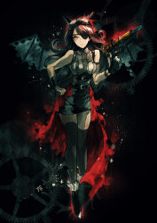 Rule 34 | 1girl, belt, black thighhighs, brown hair, eyepatch, goggles, goggles on head, gun, holding, holding gun, holding weapon, long hair, looking at viewer, md5 mismatch, original, red eyes, smile, solo, thighhighs, weapon, wings, yumepon
