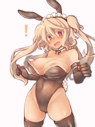 Rule 34 | !, 1girl, animal ears, bare shoulders, black gloves, black thighhighs, blonde hair, blush, breasts, covered navel, cowboy shot, detached collar, elbow gloves, elsie-san (oshiruko), fake animal ears, full-face blush, gloves, large breasts, leotard, long hair, looking at viewer, maid headdress, nipples, open mouth, original, oshiruko (tsume), playboy bunny, rabbit ears, rabbit tail, red eyes, solo, sweatdrop, tail, thighhighs, twintails, two side up, wardrobe malfunction, wavy mouth