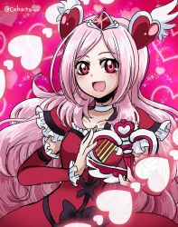 Rule 34 | 00s, 1girl, :d, arm warmers, black bow, blush, bow, choker, cokata, cowboy shot, cure passion, fresh precure!, frills, hair ornament, heart, heart background, heart hair ornament, higashi setsuna, long hair, magical girl, open mouth, passion harp, pink background, pink hair, precure, red eyes, red skirt, skirt, smile, solo, tiara, waist bow, white choker