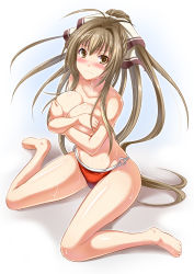 Rule 34 | 10s, 1girl, ahoge, amagi brilliant park, antenna hair, barefoot, bikini, blush, bow, breast hold, breasts, brown eyes, brown hair, cleavage, covering privates, covering breasts, crossed arms, embarrassed, female focus, from above, hair bow, hair ribbon, heart, heart background, highres, large breasts, legs, long hair, looking at viewer, looking up, nekoi hikaru, o-ring, o-ring bikini, o-ring bottom, ponytail, ribbon, sento isuzu, shiny skin, sitting, solo, sweat, swimsuit, thighs, topless, very long hair, wariza, wet, yellow eyes
