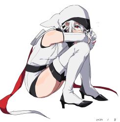 Rule 34 | 1girl, ass, belt, black belt, blush, boots, dated, elbow gloves, eye mask, flying sweatdrops, from side, gloves, high heel boots, high heels, highres, hood, hood up, leotard, red eyes, shy (character), shy (series), simple background, sitting, solo, takatisakana, thighhighs, white background, white gloves, white leotard, white thighhighs