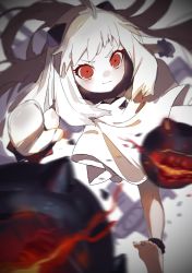 Rule 34 | 10s, 1girl, absurdres, abyssal ship, ahoge, bad id, bad pixiv id, barefoot, colored skin, commentary request, dress, highres, horns, kantai collection, long hair, mittens, northern ocean princess, pale skin, red eyes, sleeveless, sleeveless dress, solo, sparrow (xici9527), white dress, white hair, white skin