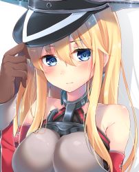 Rule 34 | 10s, 1girl, bad id, bad pixiv id, bare shoulders, bismarck (kancolle), blonde hair, blue eyes, breasts, brown gloves, closed mouth, cross, detached sleeves, female focus, gloves, hair between eyes, hat, iron cross, kantai collection, large breasts, long hair, navy (navy.blue), peaked cap, solo