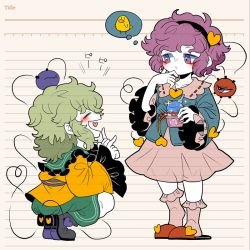 Rule 34 | 2girls, bird, black hairband, blouse, blue shirt, blush, boots, buttons, chick, closed eyes, collarbone, commentary, frilled shirt collar, frilled sleeves, frills, full body, green hair, green skirt, hair ornament, hairband, hand on own chin, heart, heart button, heart hair ornament, heart of string, holding food, holding ice cream, hungry, ice cream, ice cream cup, komeiji koishi, komeiji satori, long sleeves, looking at another, medium hair, messy hair, multiple girls, no headwear, open mouth, pink skirt, pink socks, pointing, pointing at another, pointing at self, purple eyes, purple hair, red footwear, ribbon trim, shirt, short hair, siblings, sisters, skirt, slippers, socks, sound effects, sparkle, spoon, third eye, thought bubble, touhou, translated, wide sleeves, yellow shirt, yt (wai-tei)