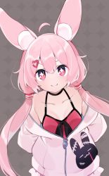 Rule 34 | 1girl, ahoge, akagashi hagane, animal ear fluff, animal ears, arms behind back, rabbit ears, camisole, choker, grey background, hair ornament, hairclip, jacket, long hair, low twintails, off shoulder, pink eyes, pink hair, red camisole, simple background, smile, solo, tomari mari, tomari mari channel, twintails, upper body, very long hair, virtual youtuber, white jacket