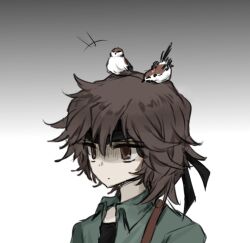 Rule 34 | 1other, androgynous, animal, animal on head, bird, bird on head, black shirt, brown eyes, brown hair, chinese commentary, collared shirt, commentary request, green shirt, kurohebi, len&#039;en, needless (toyaco), on head, open clothes, open shirt, other focus, pecking, portrait, shirt, short hair, solo, sparrow, turn pale