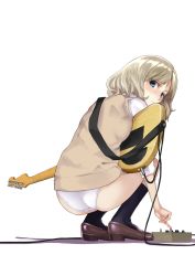 Rule 34 | 1girl, ashiya hiro, ass, black socks, blue eyes, blush, brown footwear, cable, closed mouth, electric guitar, from behind, full body, guitar, highres, instrument, kneehighs, loafers, looking at viewer, looking back, original, panties, school uniform, shirt, shoes, short hair, short sleeves, silver hair, simple background, socks, solo, squatting, sweater vest, underwear, white background, white panties, white shirt