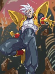 Rule 34 | 1boy, absurdres, baby (dragon ball), blue eyes, blurry, blurry background, building, clenched hand, covered navel, destruction, dragon ball, dragon ball (classic), dragon ball gt, evil grin, evil smile, facial hair, facial mark, floating, gloves, gradient sky, grin, highres, male focus, muscular, muscular male, no pupils, open hand, pretty-purin720, rock, sky, smile, solo, tight clothes, white hair, yellow footwear, yellow gloves