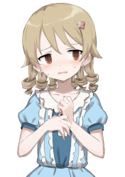 Rule 34 | 1girl, @ @, absurdres, blue dress, blush, brown eyes, collar, collarbone, commentary request, dress, drill hair, frilled dress, frills, gazacy (dai), hair ornament, hands up, highres, idolmaster, idolmaster cinderella girls, light brown hair, looking away, medium hair, morikubo nono, parted lips, puffy short sleeves, puffy sleeves, short sleeves, solo, sweat, upper body, white background, white collar