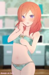 Rule 34 | 10s, 1girl, blush, french text, lingerie, looking at viewer, love live!, love live! school idol project, mashimaru (muzikluva), md5 mismatch, navel, nishikino maki, open mouth, purple eyes, red hair, short hair, solo, underwear, underwear only