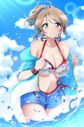 Rule 34 | 1girl, bikini, bird, blue eyes, blue sky, breasts, brown hair, cleavage, cloud, collarbone, commentary request, day, earrings, floral print, highres, jewelry, kirisaki reina, large breasts, looking at viewer, love live!, love live! sunshine!!, ocean, outdoors, seagull, short hair, short ponytail, short shorts, shorts, side-tie bikini bottom, sky, smile, solo, swimsuit, watanabe you