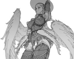 Rule 34 | 1girl, absurdres, armpits, bad id, bad twitter id, blush, breasts, detached sleeves, dress, feathered wings, hand up, highres, large breasts, long hair, long sleeves, looking at viewer, multiple wings, original, panties, parted lips, short dress, simple background, solo, thighhighs, underwear, wass nonnam, white background, wings