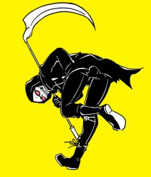 Rule 34 | 1boy, bent over, coke-bottle glasses, full body, glasses, golf club, hand in pocket, holding, kyuu (ost), let it die, looking back, male focus, opaque glasses, scythe, simple background, skeleton, solo, standing, standing on one leg, uncle death, yellow background