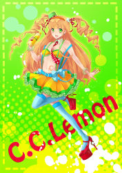Rule 34 | 1girl, :d, bad id, bad pixiv id, blonde hair, blue thighhighs, bow, c.c. lemon, c.c. lemon (character), character name, copyright name, drill hair, green eyes, hairband, highres, long hair, navel, open mouth, polka dot, sakura ran, skirt, smile, solo, tattoo, thighhighs, twin drills, twintails