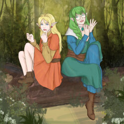 2girls belt blonde_hair blue_dress blue_eyes boots braid breasts brooch brown_belt commission commissioner_upload dress earrings elf euphemy_sylvaine flower forest full_body glasses green_dress green_eyes green_hair hair_over_shoulder highres jewelry large_breasts log long_hair long_sleeves lotte_farona multiple_girls nail_polish nature official_art orange_dress outdoors parent:11603197 pointy_ears round_eyewear shoes sitting smile soapwyrt tree tree_stump twin_braids ways_of_darkness_(series)