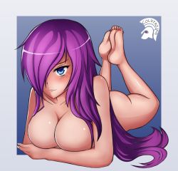 Rule 34 | 1girl, blue eyes, breasts, cleavage, closed mouth, coldtrojan, hair over one eye, large breasts, looking at viewer, lying, nude, patreon, purple hair, shiny skin, solo, watermark