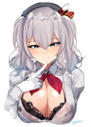 Rule 34 | 1girl, absurdres, bad id, bad twitter id, black bra, blue eyes, bra, breasts, cleavage, frilled bra, frills, highres, index finger raised, kantai collection, kashima (kancolle), kirihrra, large breasts, long sleeves, neckerchief, open clothes, red neckerchief, sidelocks, silver hair, simple background, solo, tsurime, twintails, underwear, upper body, wavy hair, white background