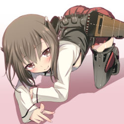 Rule 34 | 10s, 1girl, all fours, black hair, blush, boots, brown eyes, brown hair, commentary request, hair ornament, kantai collection, long sleeves, looking at viewer, machinery, personification, revision, saki chisuzu, shirt, skirt, smile, solo, taihou (kancolle), thigh boots, thighhighs, vest, zettai ryouiki
