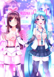 Rule 34 | 00s, 2girls, aqua eyes, aqua hair, arm behind head, arm tattoo, arm up, armpit peek, bare shoulders, between breasts, blush, bow, breasts, breasts out, brown hair, censored, censored by text, censored nipples, character name, detached sleeves, hair bow, hairband, hatsune miku, headphones, heart, highres, hiron, holding hands, kizuna ai, kizuna ai inc., large breasts, long hair, looking at viewer, matching hair/eyes, multiple girls, navel, necktie, necktie between breasts, no bra, open clothes, open mouth, pink bow, shorts, skirt, smile, standing, tattoo, thighhighs, twintails, virtual youtuber, vocaloid, zoom layer