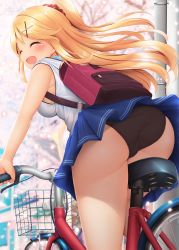 Rule 34 | 1girl, ass, backpack, bag, bare arms, bare shoulders, bicycle, black bag, black panties, blonde hair, blue skirt, blush, closed eyes, commentary request, day, hair ornament, hairclip, highres, kin-iro mosaic, kujou karen, long hair, minato ojitan, open mouth, outdoors, panties, pantyshot, pink bag, riding, riding bicycle, shirt, skirt, smile, solo, underwear, white shirt, x hair ornament