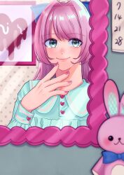 Rule 34 | 1girl, absurdres, blue bow, blue dress, bow, calendar (object), dress, green eyes, hair bow, hand up, highres, indoors, iwashi0725, lipstick, long hair, long sleeves, looking at mirror, makeup, mirror, original, painting (object), pink hair, pink nails, smile, stuffed animal, stuffed rabbit, stuffed toy