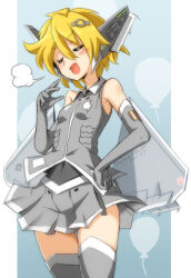 Rule 34 | 1girl, balloon, blonde hair, breasts, closed eyes, collared shirt, commentary request, covered navel, elbow gloves, f-22 raptor, gloves, grey shirt, grey skirt, original, personification, pillarboxed, shirt, short hair, skirt, sleeveless, sleeveless shirt, small breasts, smile, smug, solo, united states air force, v-shaped eyebrows, wing hair ornament, zephyr164