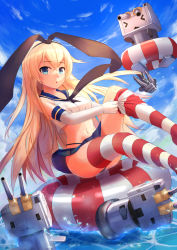 Rule 34 | 10s, 1girl, :o, anchor, black panties, blonde hair, blue eyes, crop top, crop top overhang, elbow gloves, gloves, hair ornament, hairband, highres, innertube, kantai collection, long hair, looking at viewer, midriff, miniskirt, navel, panties, pantyshot, rensouhou-chan, shimakaze (kancolle), skirt, striped clothes, striped thighhighs, swim ring, thighhighs, underwear, upskirt, white gloves, yi l chen 5, | |