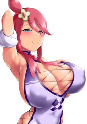 Rule 34 | 1girl, absurdres, arm up, armpits, blue eyes, blush, breasts, chinese clothes, cleavage, closed mouth, covered erect nipples, creatures (company), dress, game freak, hair ornament, half-closed eyes, highres, impossible clothes, large breasts, looking at viewer, naughty face, nintendo, pokemon, pokemon masters ex, purple dress, red hair, sideboob, sidelocks, simple background, skyla (pokemon), smile, solo, toba tsutsumi, upper body, white background