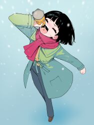 Rule 34 | 1girl, alternate costume, arm up, black hair, black pants, blue background, blunt bangs, blush, brown footwear, can, clenched hand, coat, corn, eating, foreshortening, from above, full body, furrowed brow, gradient background, green coat, head back, highres, holding, holding can, kyoumachi seika, long sleeves, marutsubo, motion lines, open clothes, open coat, open mouth, pants, red scarf, scarf, shirt, shoes, short hair, snowing, solo, sweat, voiceroid, yellow shirt