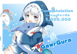 Rule 34 | 1girl, :d, animal hood, bloop (gawr gura), blue background, blue eyes, blue hair, blue hoodie, character name, commentary request, congratulations, fins, fish tail, gawr gura, gawr gura (1st costume), grey nails, hololive, hololive english, hood, hood up, hoodie, hugging object, long sleeves, looking at viewer, lunacats, multicolored hair, nail polish, open mouth, shark hood, shark tail, sharp teeth, silver hair, sleeves past wrists, smile, streaked hair, stuffed animal, stuffed shark, stuffed toy, tail, teeth, translation request, virtual youtuber, wide sleeves