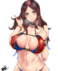 Rule 34 | 1girl, absurdres, alternate costume, bikini, blue eyes, bracelet, breasts, brown hair, choker, closed mouth, collarbone, commentary, cowboy shot, fate/grand order, fate (series), highres, jewelry, kisaragi tsurugi, large breasts, leonardo da vinci (fate), looking at viewer, navel, parted bangs, shiny skin, signature, simple background, skindentation, smile, solo, standing, steam, steam from mouth, swimsuit, white background