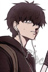 Rule 34 | 1boy, bag, black sweater, blood, blood on face, brown hair, cha hyun-soo, dark brown hair, headphones, open mouth, solo, sweater, sweet home (manhwa), white background