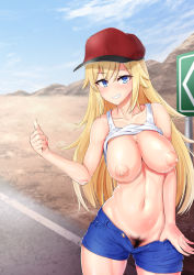 Rule 34 | 1girl, baseball cap, blonde hair, blue eyes, blue shorts, breasts, clothes pull, commentary, denim, denim shorts, desert, exhibitionism, female pubic hair, hat, highres, hitchhiker&#039;s thumb, hitchhiking, large breasts, lifting own clothes, mismatched pubic hair, navel, nipples, no bra, no panties, original, outdoors, pubic hair, public indecency, pulling own clothes, red hat, road, road sign, short shorts, shorts, shorts pull, sign, sky, smile, solo, stomach, syu (wyrr8752), tank top, thumbs up, white tank top