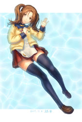 Rule 34 | 1girl, artist name, blue thighhighs, blush, brown eyes, brown footwear, brown hair, collar, dated, emblem, full body, hand on own chest, highres, jacket, long sleeves, lying, missing blue, on back, open clothes, open jacket, partially submerged, pleated skirt, red skirt, ribbon, sabamu, school uniform, shoes, skirt, sleeves rolled up, smile, solo, thighhighs, two side up, unbuttoned, water, waving, wet, zettai ryouiki