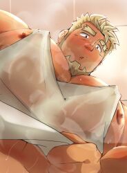 Rule 34 | 1boy, bara, beard, blonde hair, blush, clothes lift, crave saga, dark-skinned male, dark skin, excalibur (crave saga), eyebrow cut, facial hair, foreshortening, forked eyebrows, from below, highres, kaeru333938123, large pectorals, looking at viewer, looking down, male focus, mature male, meme, muscular, muscular male, nipple slip, nipples, pectoral cleavage, pectoral focus, pectorals, shirt, shirt lift, short hair, sidepec, solo, steaming body, sweat, sweaty clothes, tank top, thick eyebrows, upper body, very sweaty, wet, wet clothes, wet shirt, yur oc like this (meme)