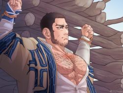 1boy ainu_clothes bara beard black_hair bound bound_wrists buzz_cut chest_hair covered_erect_nipples facial_hair facial_scar golden_kamuy japanese_clothes kimono large_pectorals long_sideburns male_focus mature_male muscular muscular_male nopinzo open_clothes open_kimono partially_unbuttoned pectoral_cleavage pectorals rope scar scar_on_cheek scar_on_face short_hair sideburns solo tanigaki_genjirou thick_eyebrows upper_body very_short_hair wood