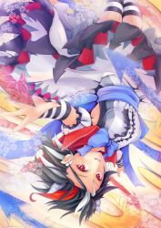 Rule 34 | 1girl, arrow (symbol), black hair, dress, dunceneygak, flower, foreshortening, grey horns, horns, kijin seija, looking at viewer, multicolored hair, multiple girls, red eyes, red hair, short hair, short sleeves, solo, striped clothes, striped legwear, striped thighhighs, thighhighs, tongue, touhou, upside-down, white hair